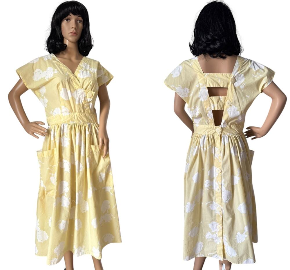 1950s Yellow White Floral Open Back Midi Dress Summer Garden Small to Medium